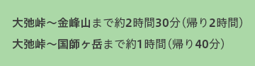 大弛峠〜金峰山まで約2時間30分(帰り2時間)大弛峠〜国師ヶ岳まで約1時間(帰り40分)